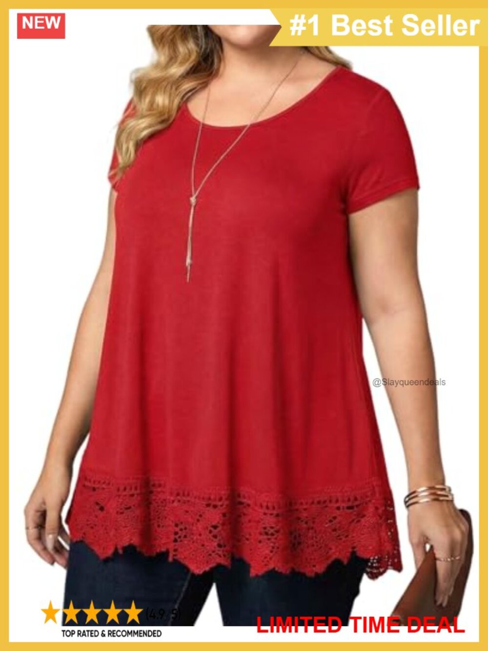 Plus Size Lace Trim Scoop Neck Tunic Tank Top Short Sleeve Blouse